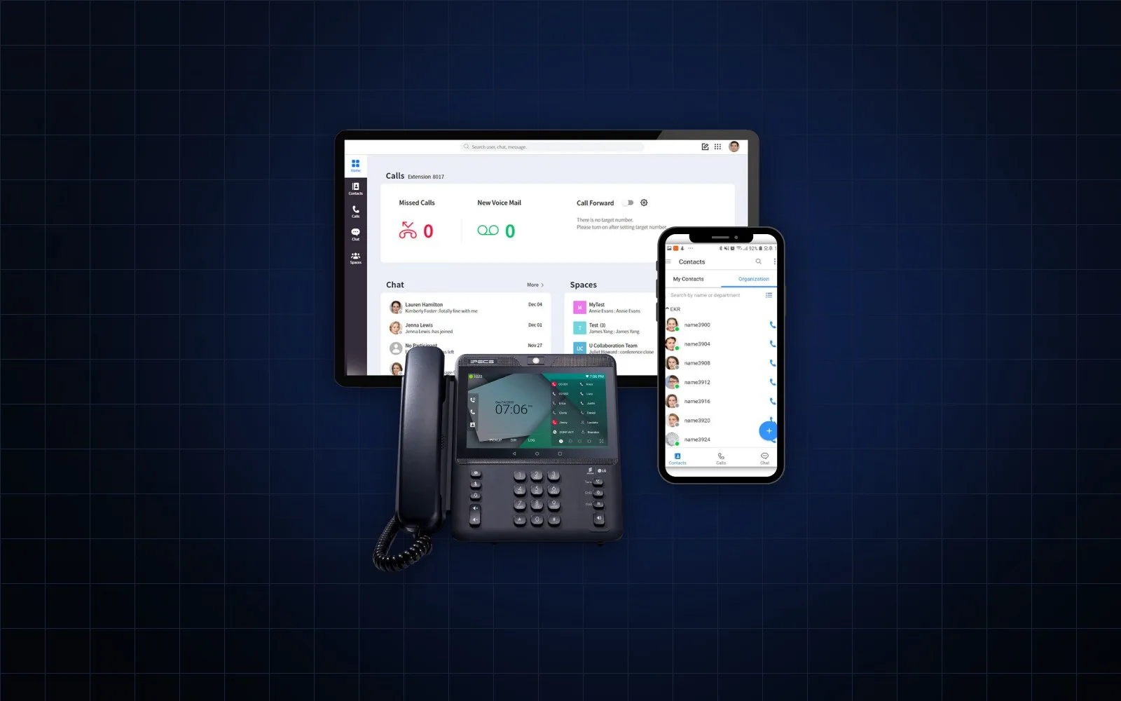 iPECS UCS running on desktop, deskphone and mobile